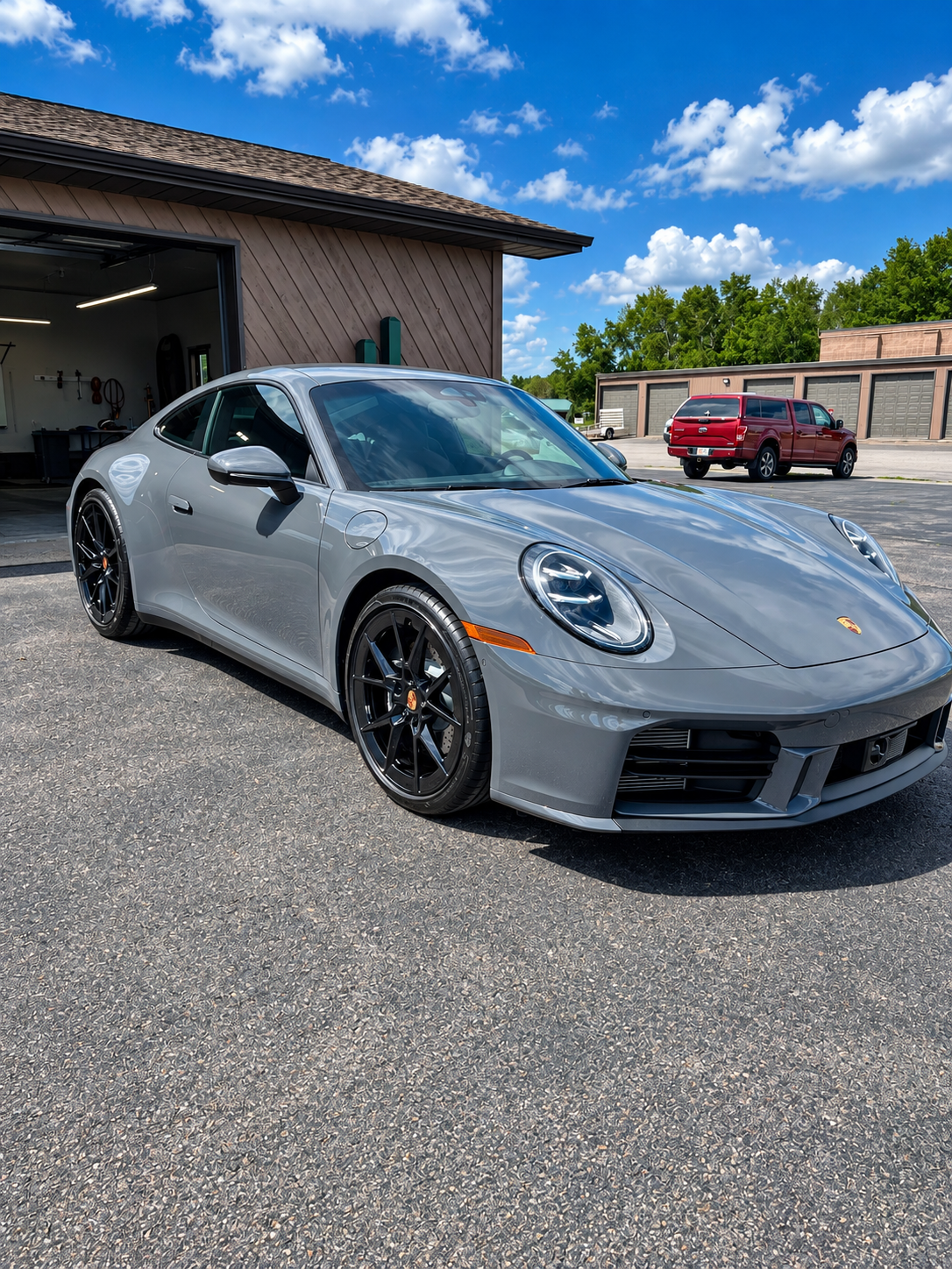 Gray Porsche 911 parked on a driveway beside a garage under a blue sky