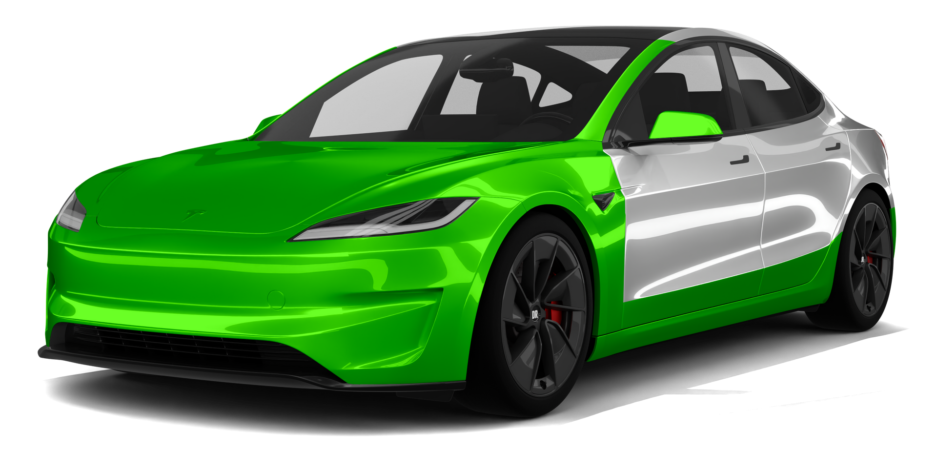 Bright green and silver sports sedan on a white background