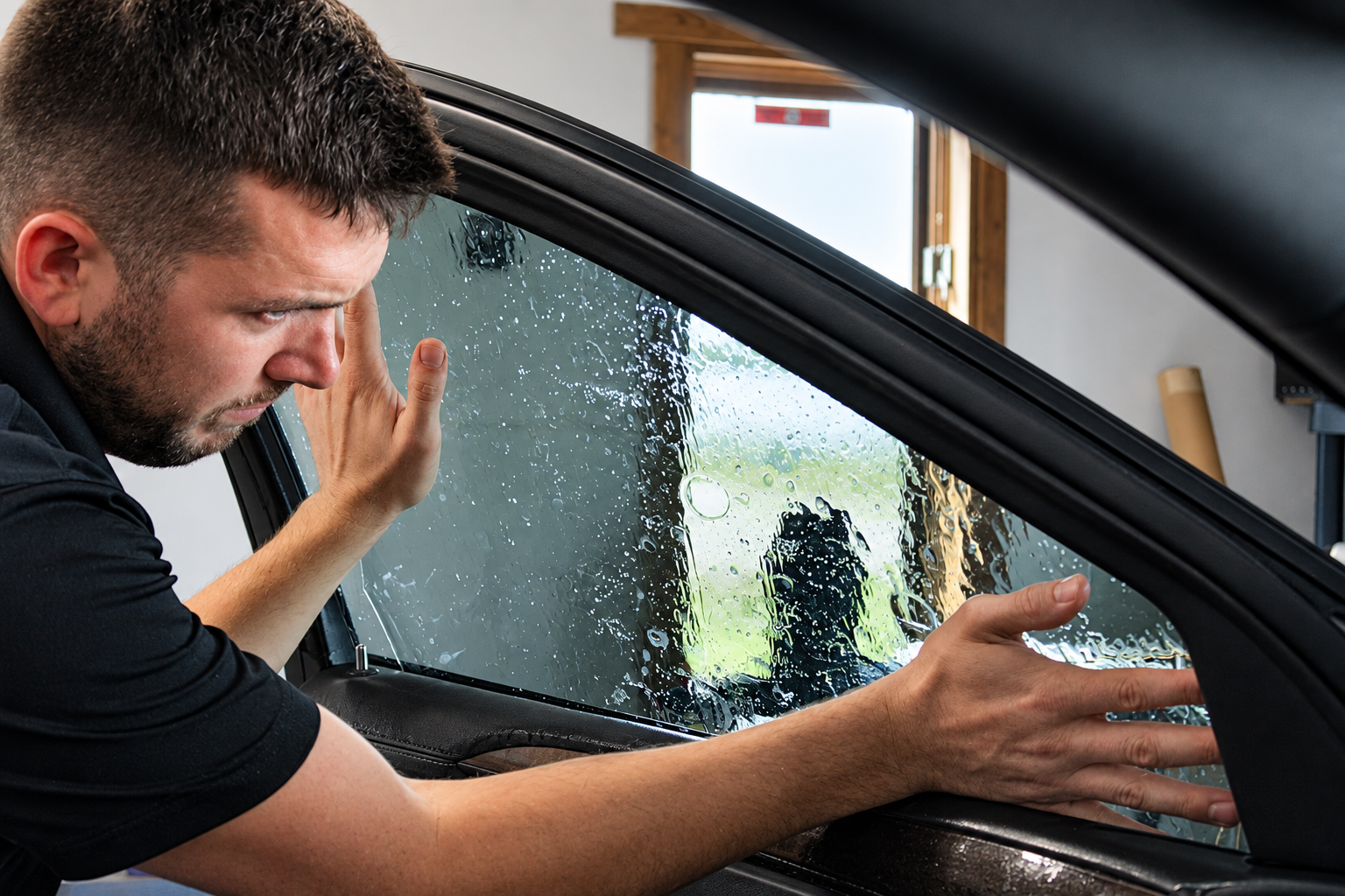 Person installing car window tint with a tool. Dark car interior, close-up on hands and window.