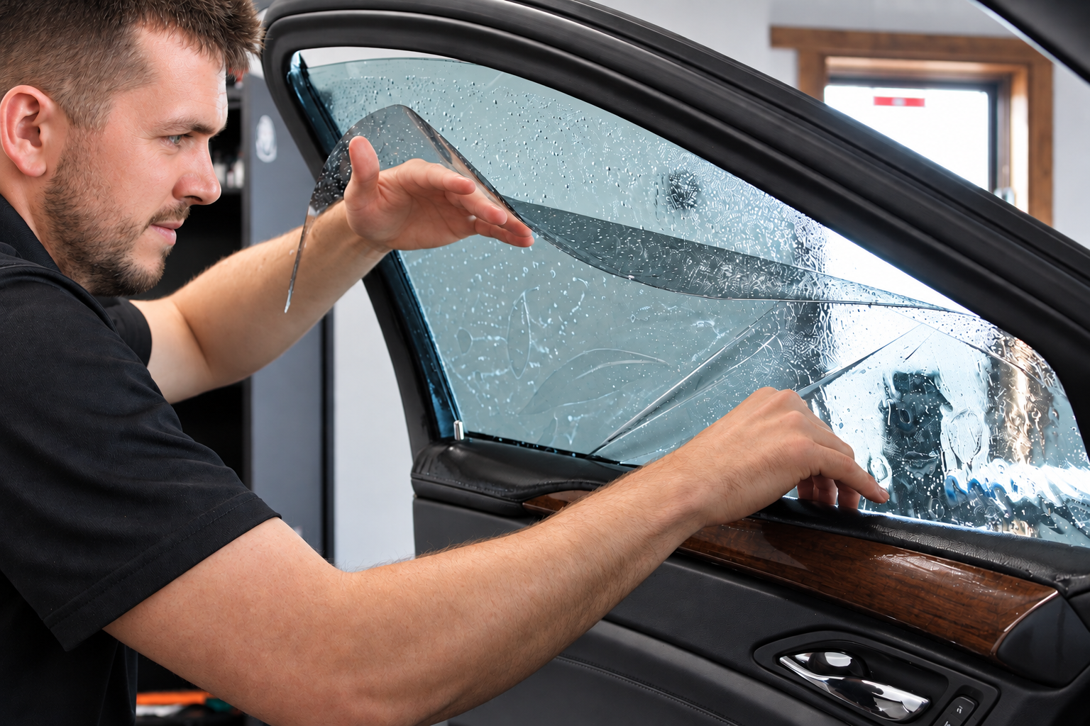 Person installing car window tint with a tool. Dark car interior, close-up on hands and window.