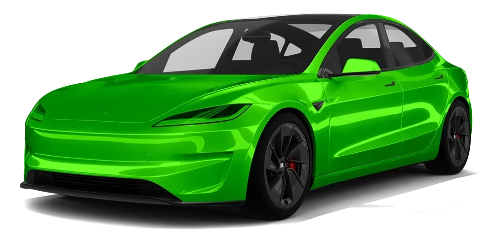 Bright green sports sedan on a white background, angled front view