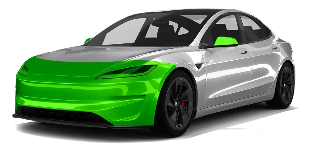 Bright green and silver sports sedan with black wheels, shown in a studio-style side view