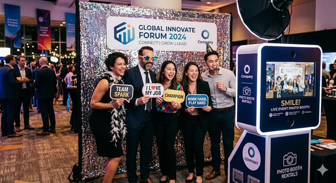 Five people posing at a Global Innovate Forum 2024 booth with event signage and a display screen