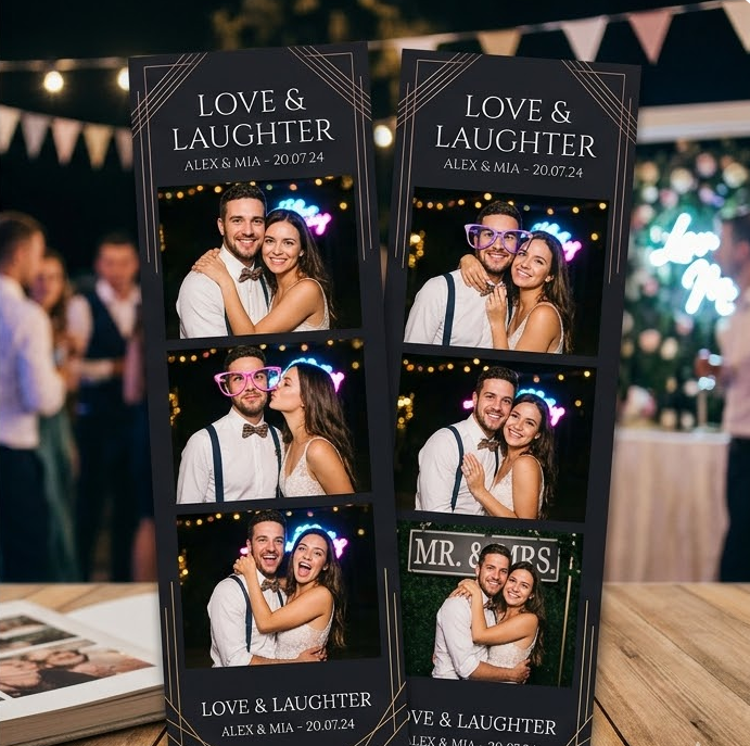 Wedding photo booth display with two collage prints and the sign “Love & Laughter” on a decorated table.