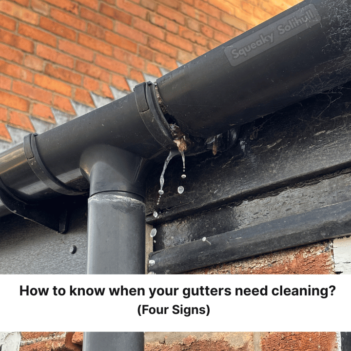 A leaking black gutter, overflowing with water, against a brick wall. Text: How to know when your gutters need cleaning? (Four Signs).