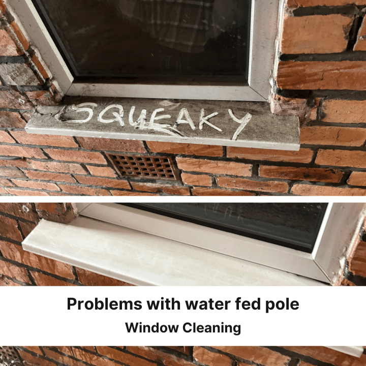 Two photos: a brick wall with a window and sill labeled 