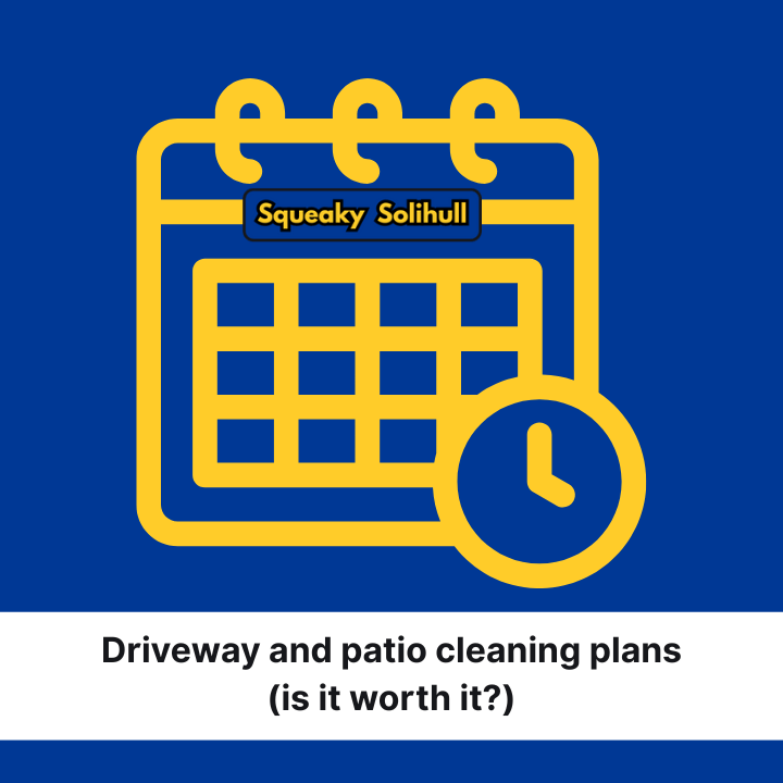 Yellow calendar icon on blue background with “Squeaky Solihull” and “Driveway and patio cleaning plans” text