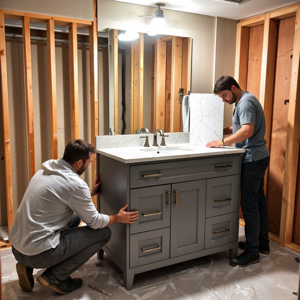 two men installing a new vanity in a bathroom in East Brunswick NJ 08816