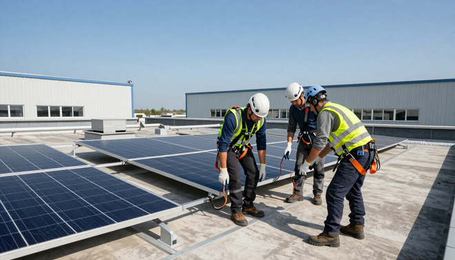 Trabajadores instalando paneles solares en un tejado bajo un cielo despejado