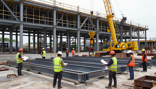 Obreros de la construcción con chalecos de seguridad en una obra de un edificio con estructura de acero junto a una grúa.