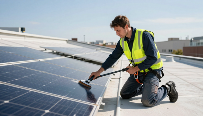 Técnico limpiando paneles solares en el tejado con una escobilla de goma, vistiendo un chaleco reflectante.