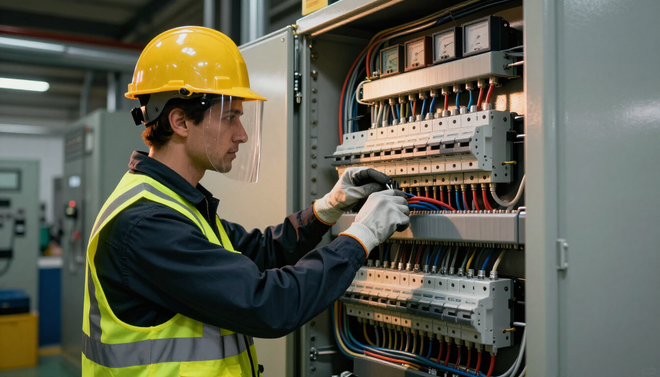 Técnico con casco amarillo y chaleco de seguridad realizando el cableado de un panel de control eléctrico en una fábrica.