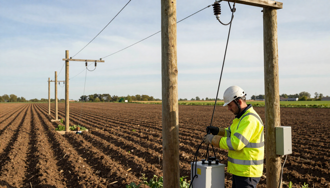Un técnico con casco inspecciona equipos eléctricos en un campo arado con postes de servicios públicos y líneas eléctricas.