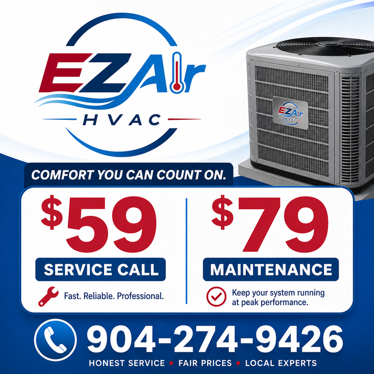 EZAir HVAC ad with $59 service call, $79 maintenance, phone number, and air conditioner unit.