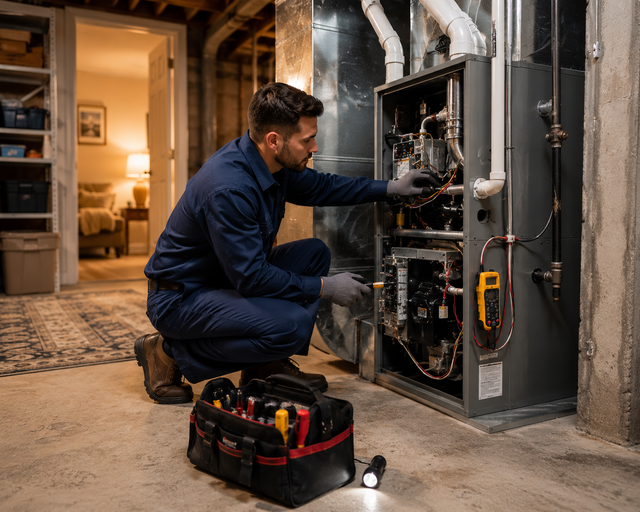 Technician inspecting a home furnace in a basement, with tools beside him and a flashlight on the floor