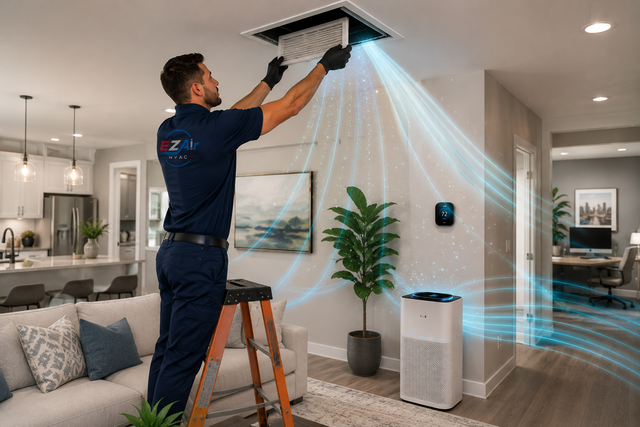 Technician cleaning an HVAC ceiling vent in a bright living room, with air flowing out as dust is removed