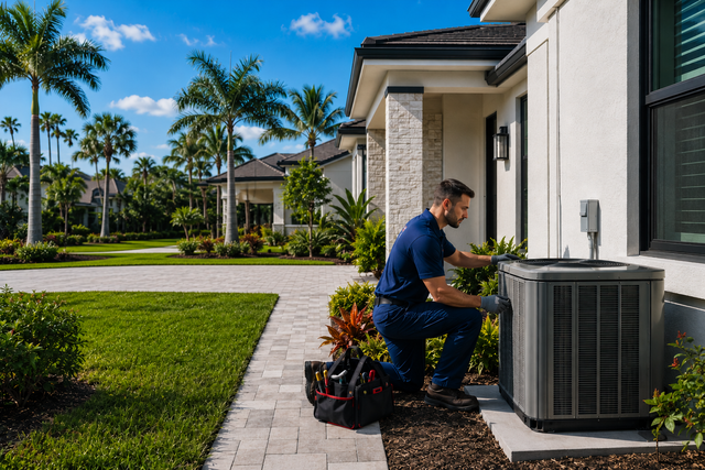 Technician kneeling by outdoor air conditioner unit outside a modern home with palm trees in the background