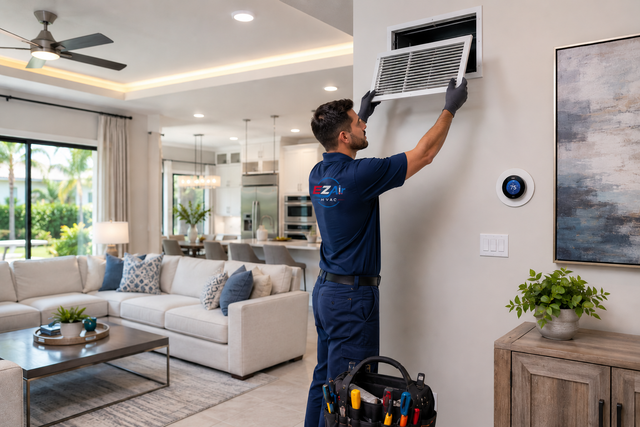 Technician inspecting a wall-mounted HVAC unit in a bright living room