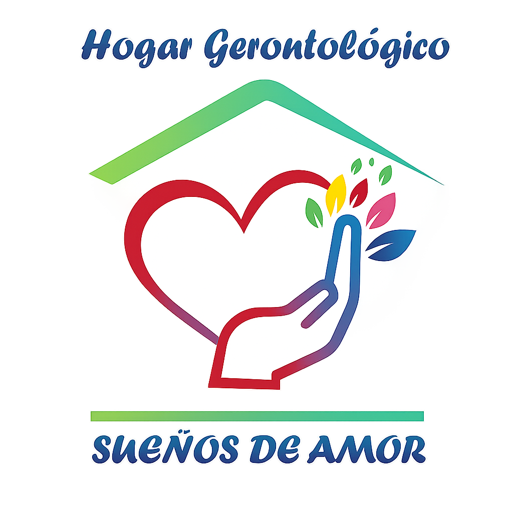 Logo with heart, caring hand, colorful leaves, and text “Hogar Gerontológico Sueños de Amor”