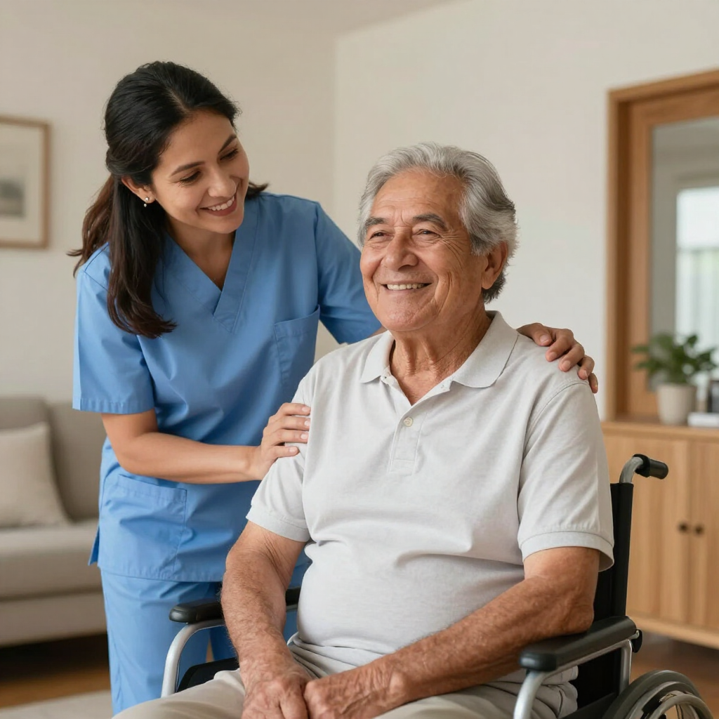 Enfermera vestida de azul sonriendo junto a un hombre sentado en silla de ruedas en una luminosa sala de estar.
