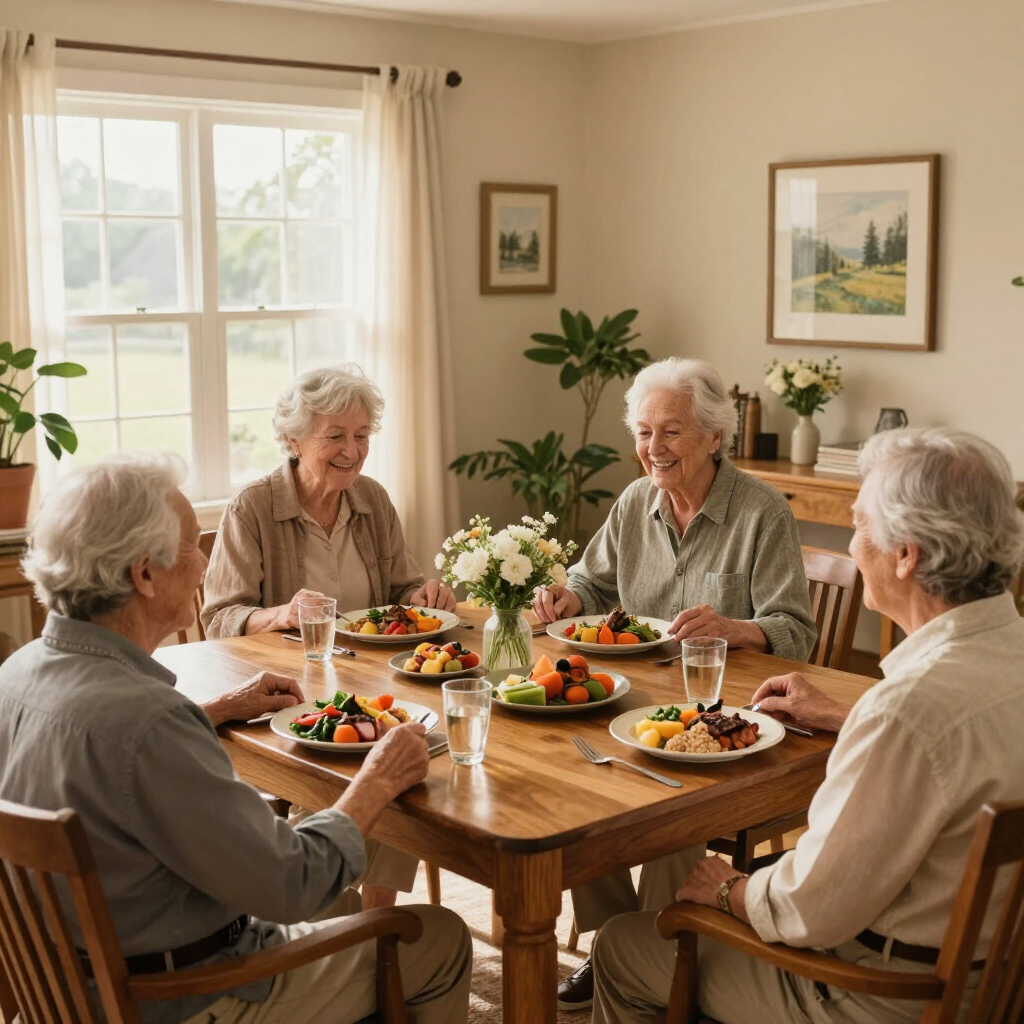 Cuatro adultos mayores se reúnen alrededor de una mesa de comedor de madera en una luminosa sala de estar, compartiendo una comida y una conversación.