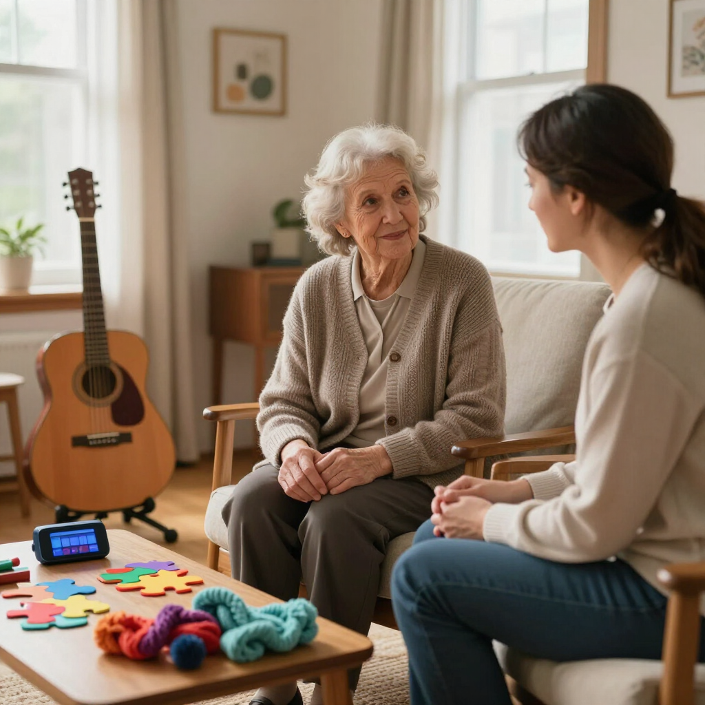 Dos mujeres están sentadas en una sala de estar con una guitarra acústica, coloridas piezas de manualidades e hilo sobre una mesa.