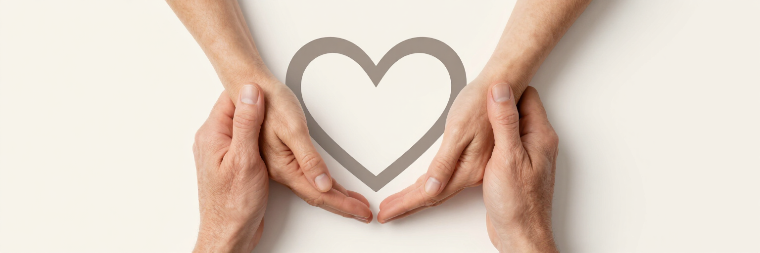 Dos manos formando un corazón alrededor de un sencillo contorno de corazón sobre un fondo beige.