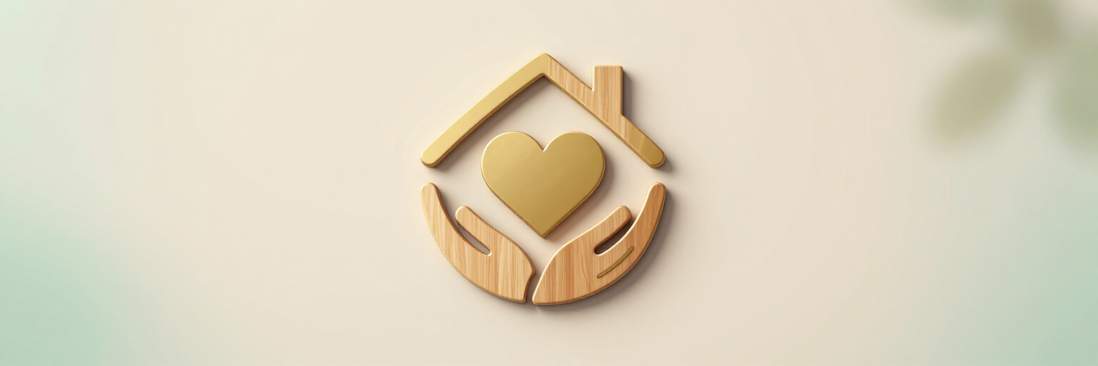 Logotipo de la casa en forma de corazón dorado centrado sobre un fondo beige suave.