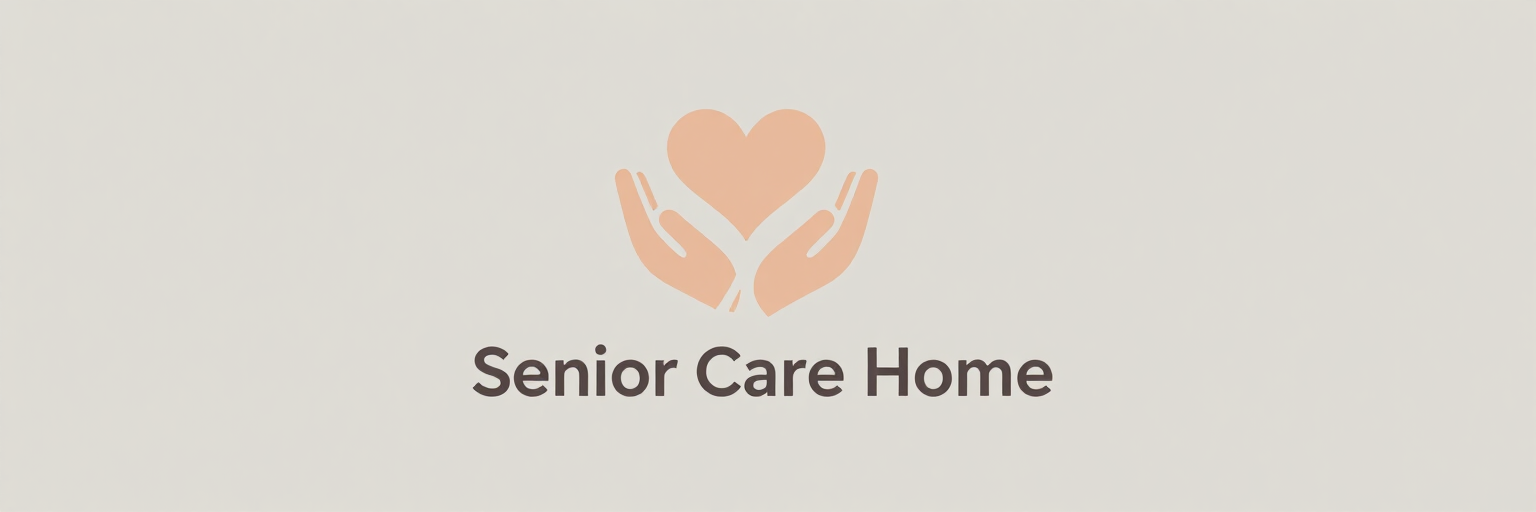Logotipo de residencia de ancianos con un corazón color melocotón y manos cariñosas sobre un fondo beige.