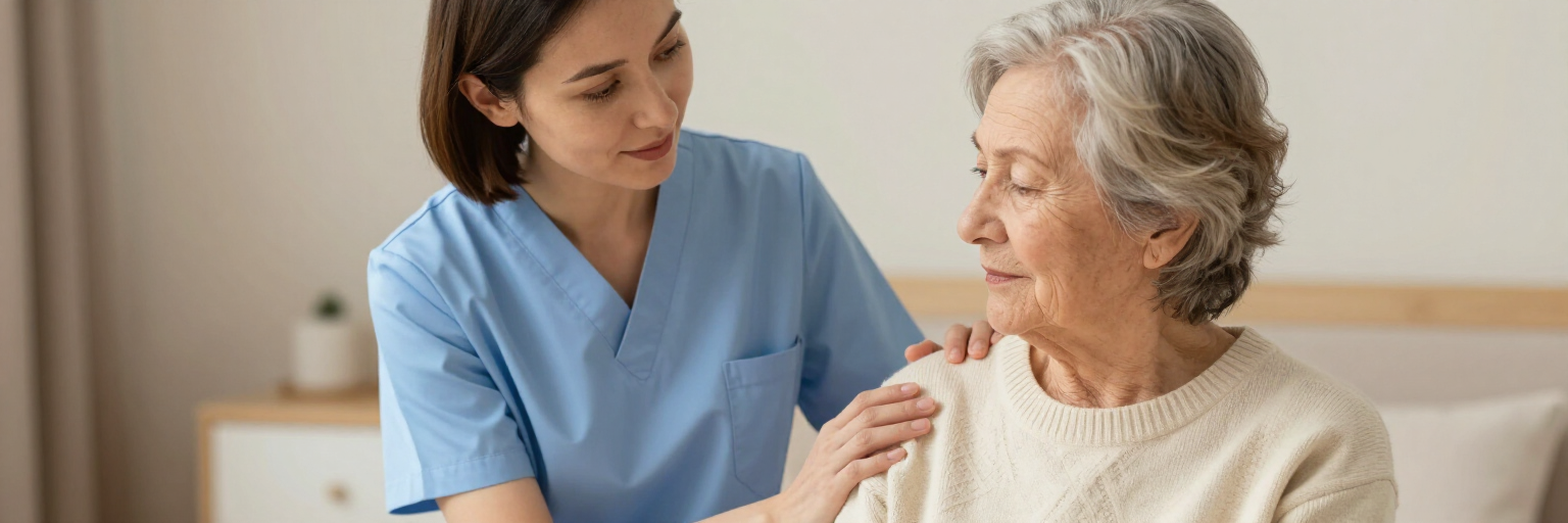 Enfermera con uniforme azul consuela suavemente a un paciente anciano en una luminosa habitación de la clínica.