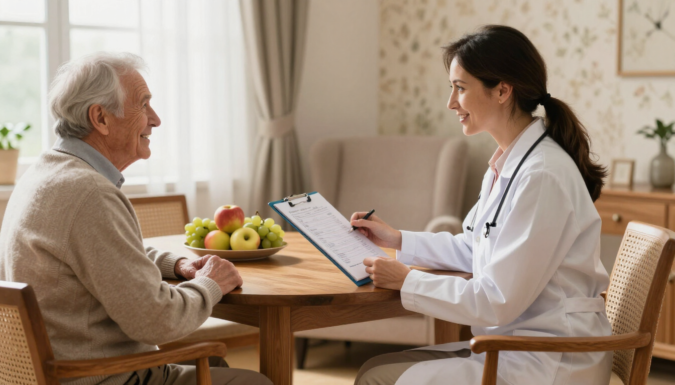 Un médico habla con un paciente sentado a una mesa en una luminosa sala de estar, sosteniendo un portapapeles.