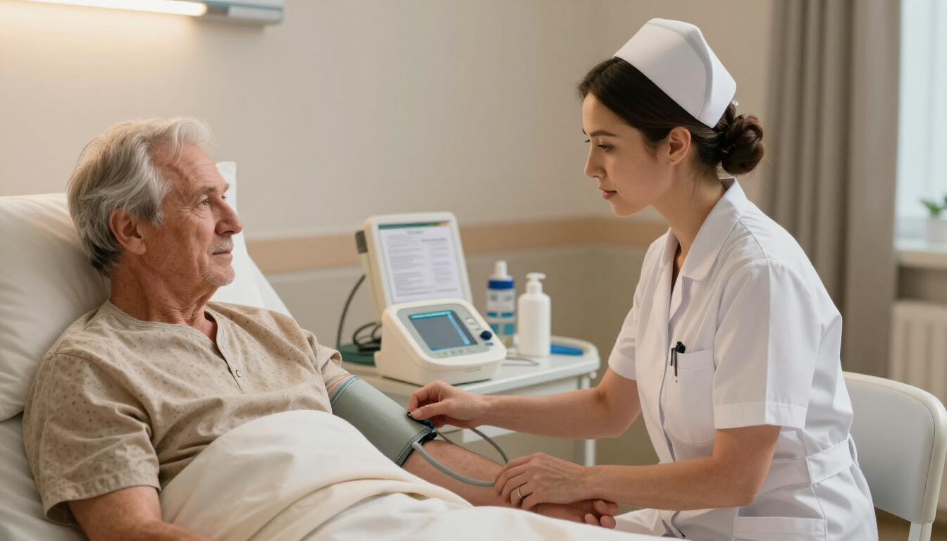 Enfermera tomando la presión arterial de un paciente anciano en una cama de hospital.