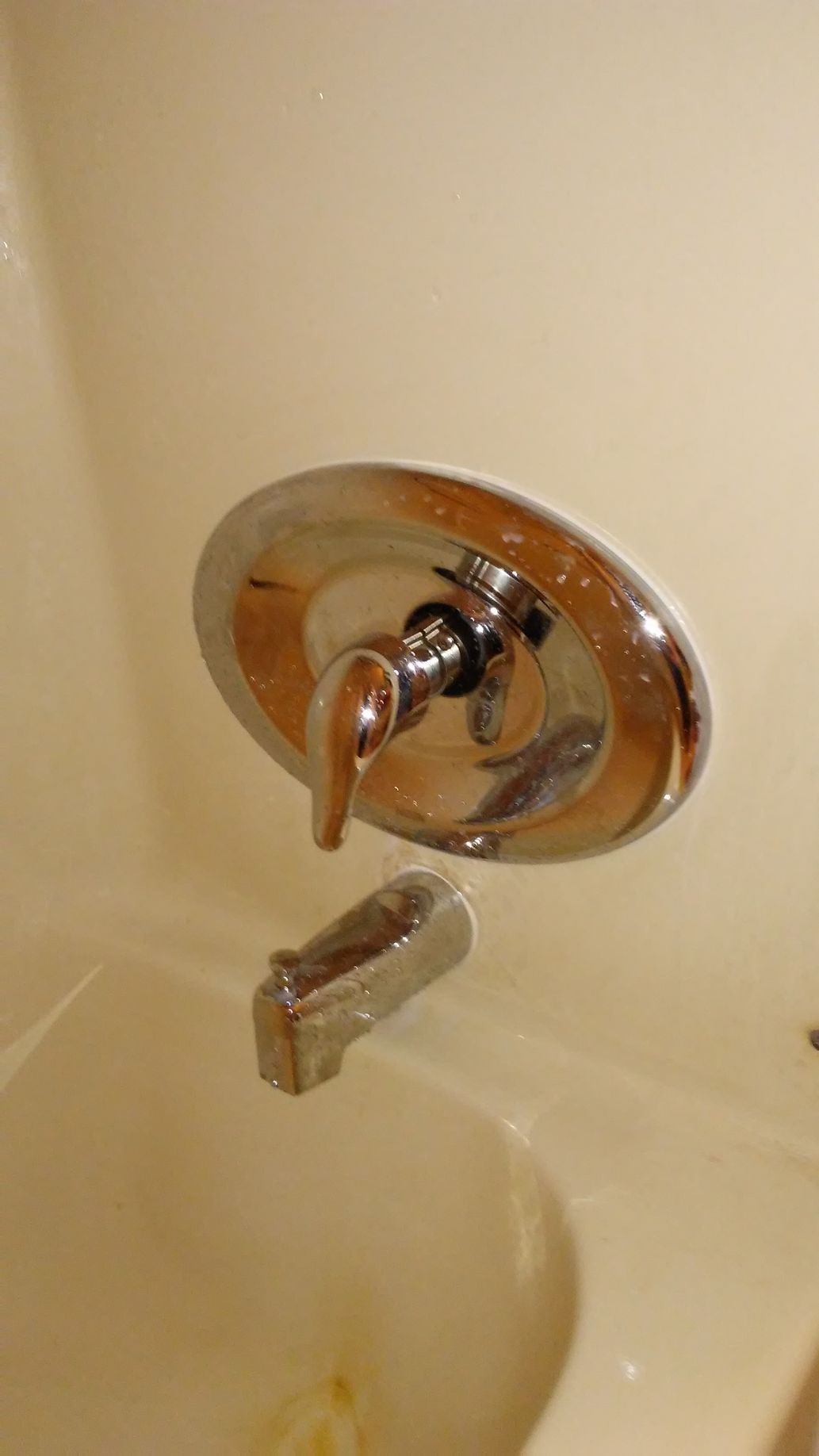 Single-handle chrome Moen shower trim with a large remodel plate above a tub spout.