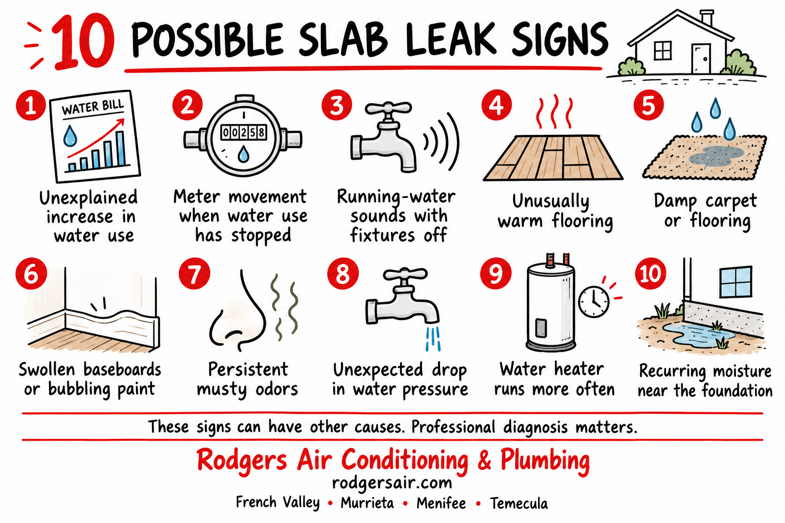 Ten possible slab leak warning signs, including increased water use, warm flooring, damp carpet, and meter movement.