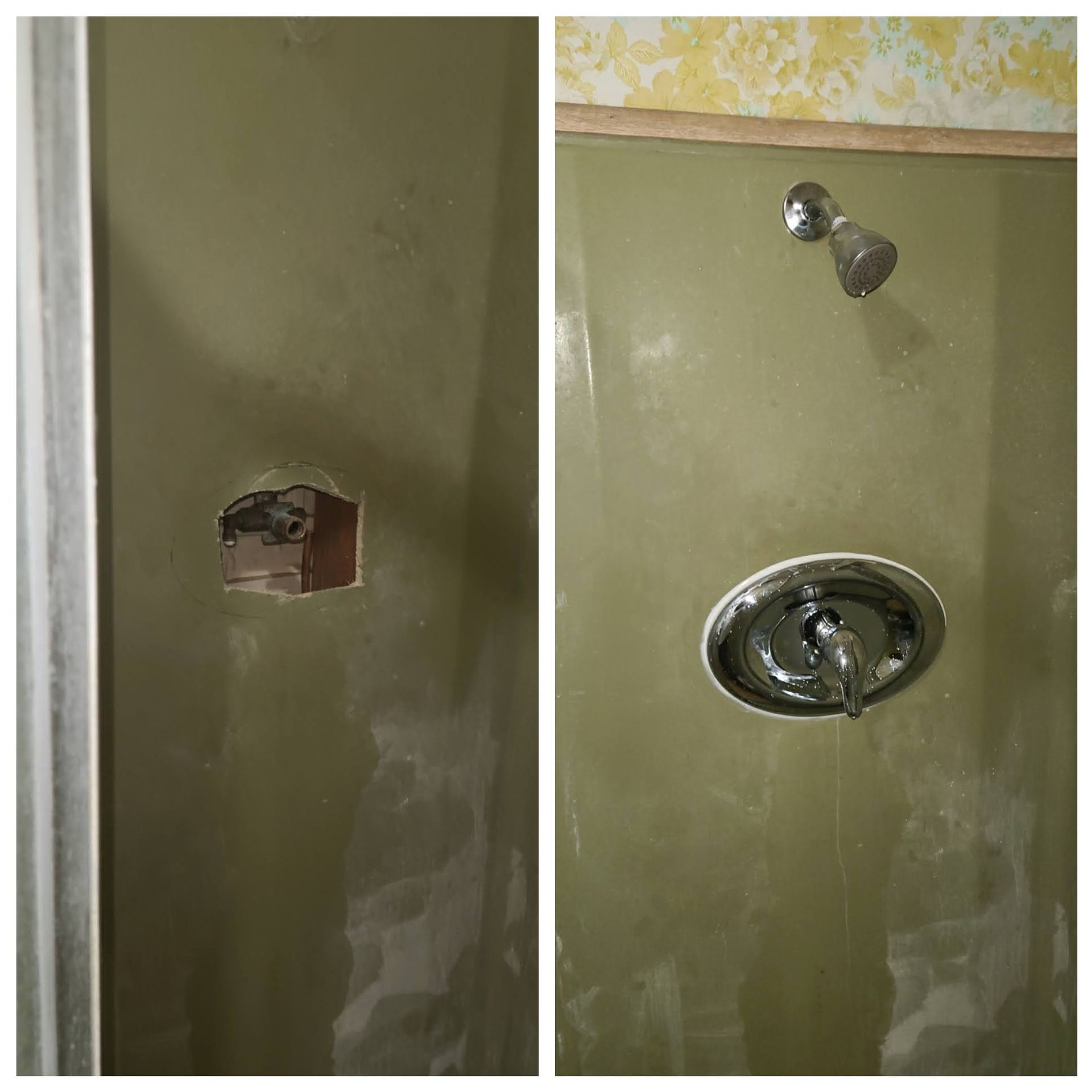 Before-and-after shower photos showing an open valve-access hole and completed single-handle chrome trim with a remodel plate.