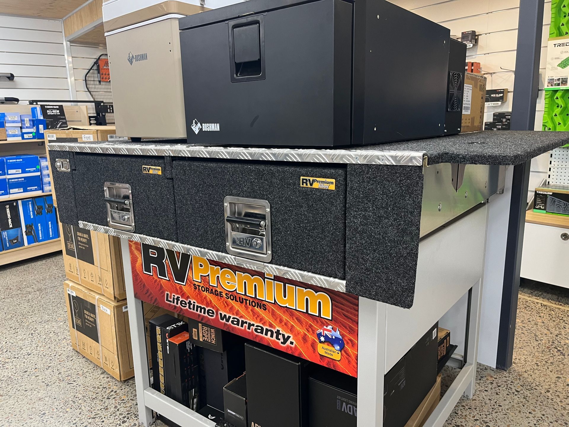 Black textured RV premium cabinet display with a Yamaha unit in a workshop or showroom — Ol Mate 4x4 in Tuggerah, NSW