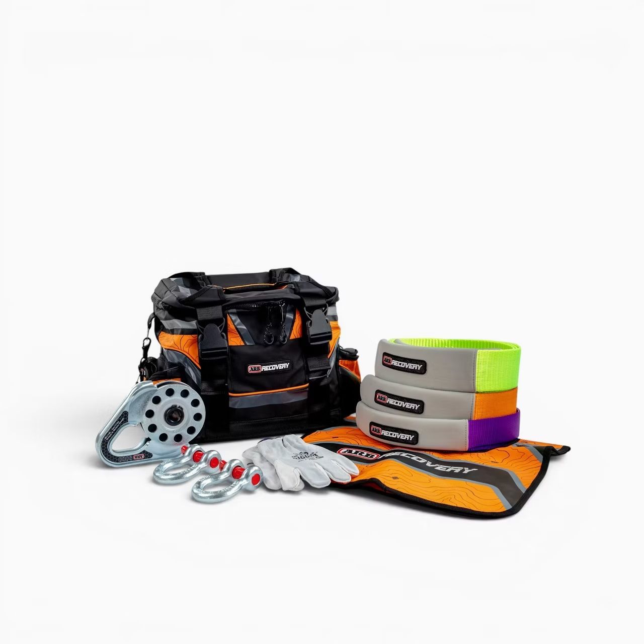 Tool bag with rope, gloves, tape, and hardware on a white background — Ol Mate 4x4 in Tuggerah, NSW