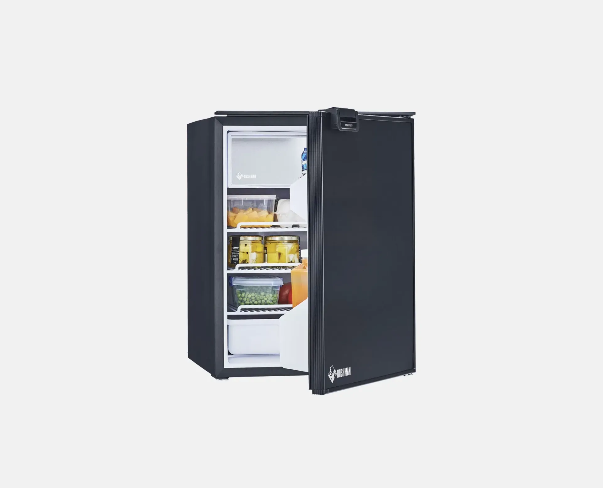 Black mini fridge with an open door showing shelves of drinks and snacks inside — Ol Mate 4x4 in Tuggerah, NSW