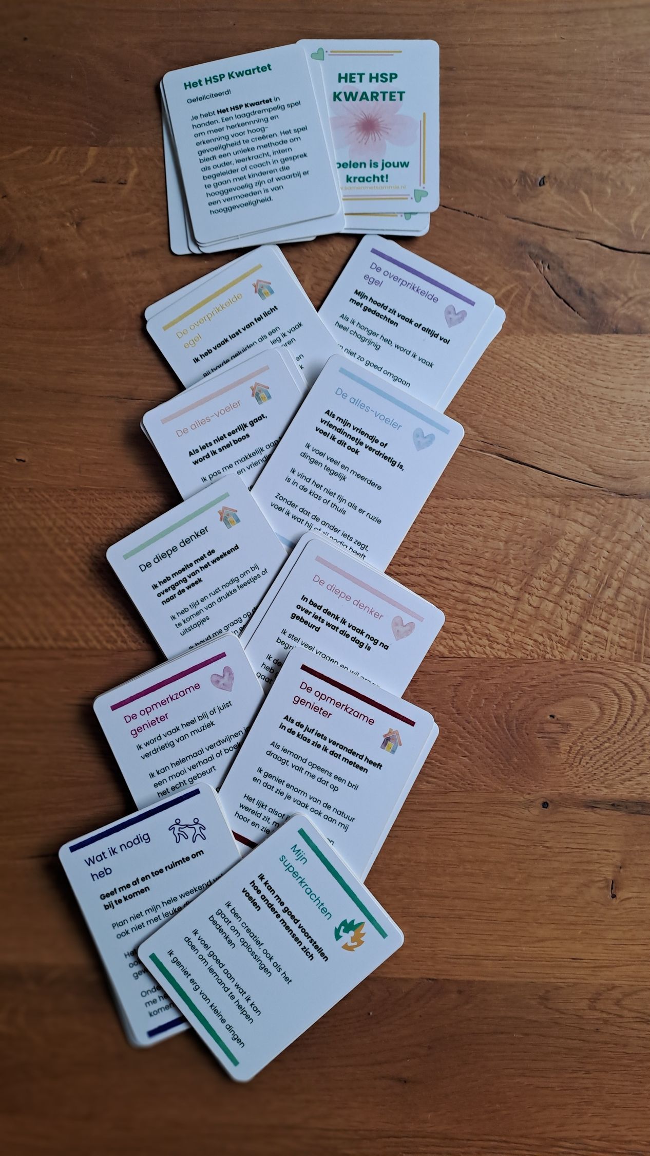 Kwartetspel Het HSP Kwartet ligt op tafel in verschillende setjes.
