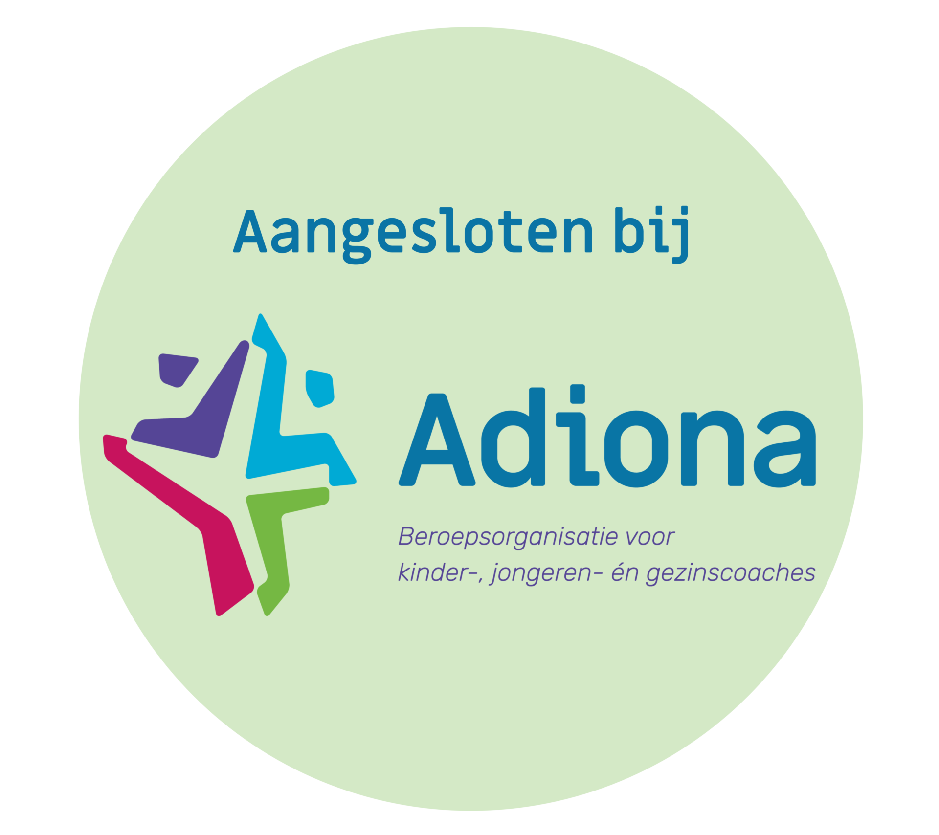 Logo voor Adiona: een lichtgroene cirkel met tekst en een kleurrijke, stervormige figuur.