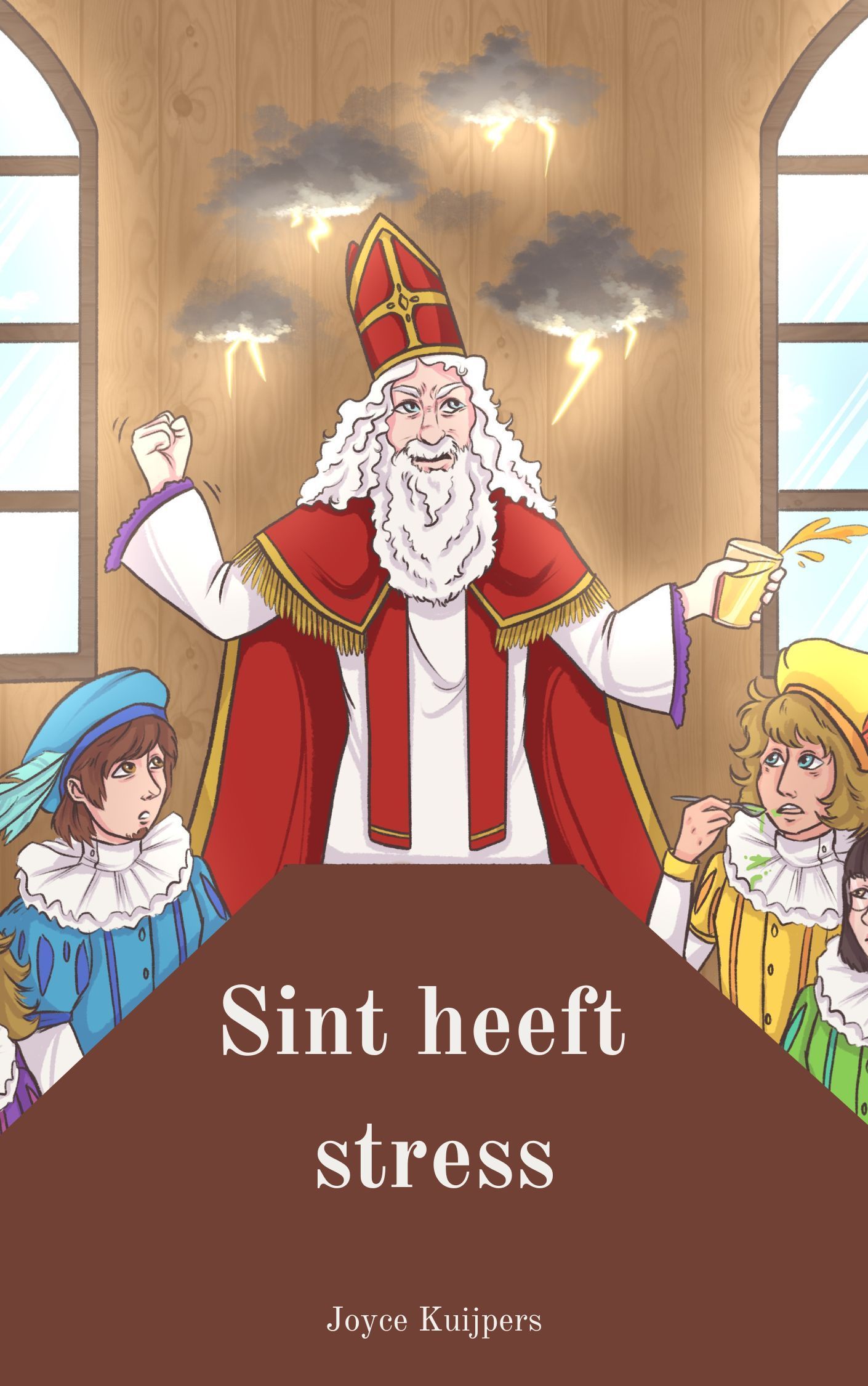 Sinterklaas met een gestreste uitdrukking, bliksem boven hem. Kinderen kijken toe. Tekst luidt: