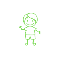 Groene contourtekening van een lachend persoon die met één hand zwaait.