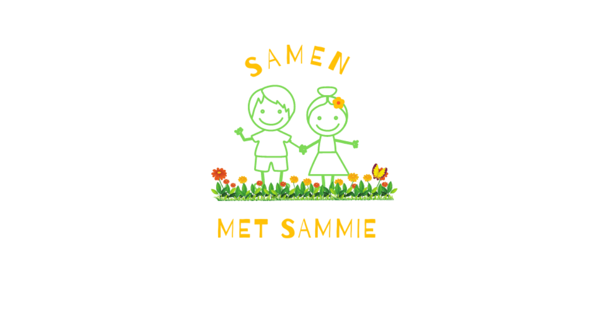 Twee getekende kinderen die hand in hand in een veld staan ​​met de tekst 