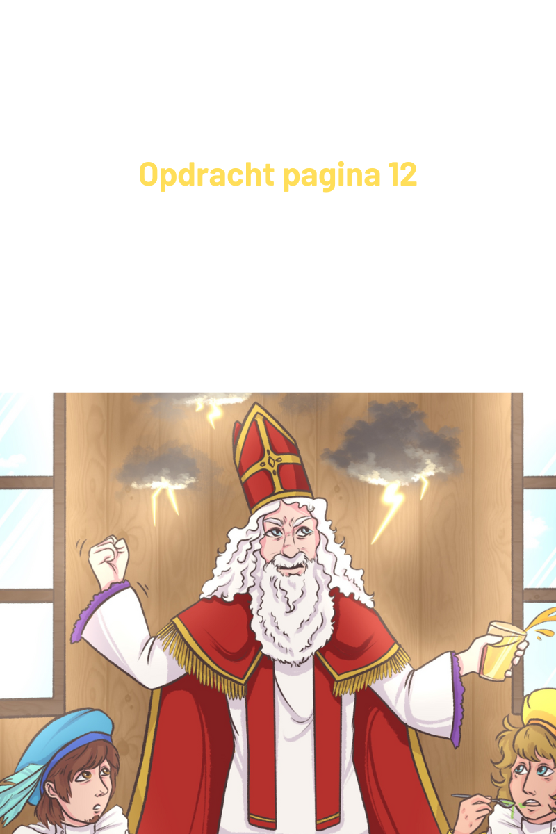 Sinterklaas, in rode gewaden en mijter, staat glimlachend met een drankje in zijn hand. Achter hem flitst een bliksem.
