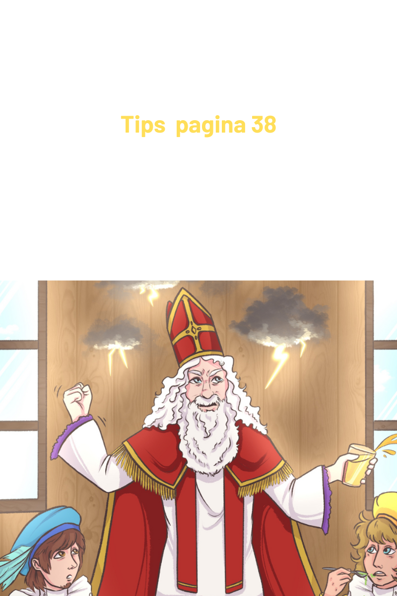 Sint Nicolaas met een lange witte baard en rode kleding, in een kamer met bliksem.