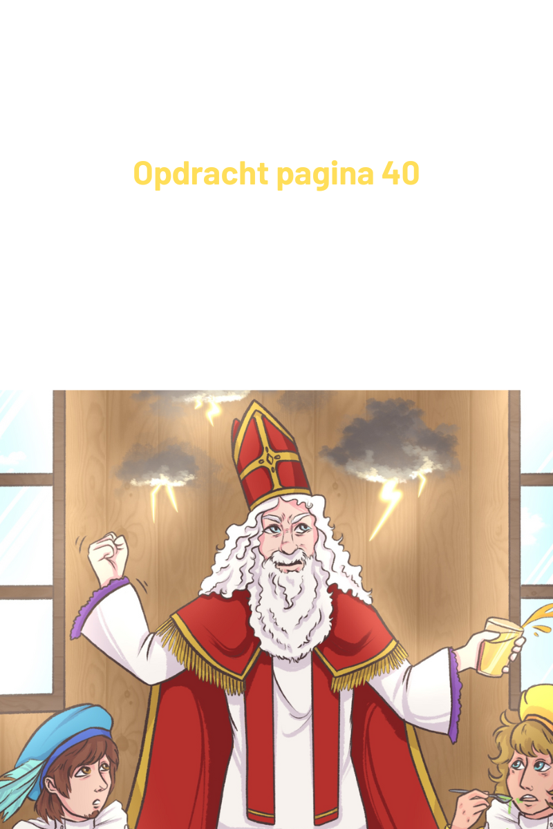 Sinterklaas met helpers; bliksem op de achtergrond. Hij balt zijn vuist en houdt een drankje vast.