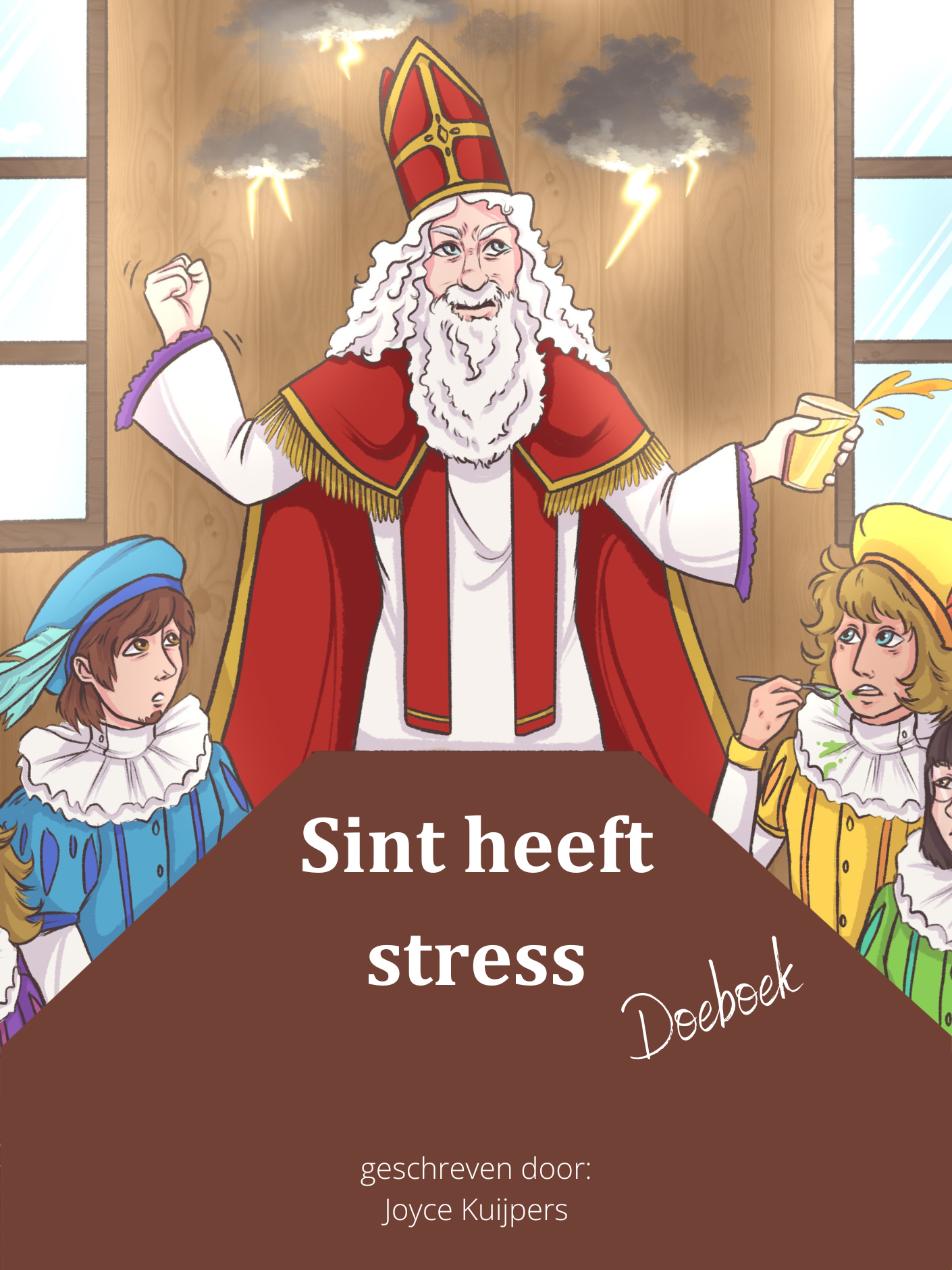 Sinterklaas stressed in a room with Zwarte Piet helpers. Text: