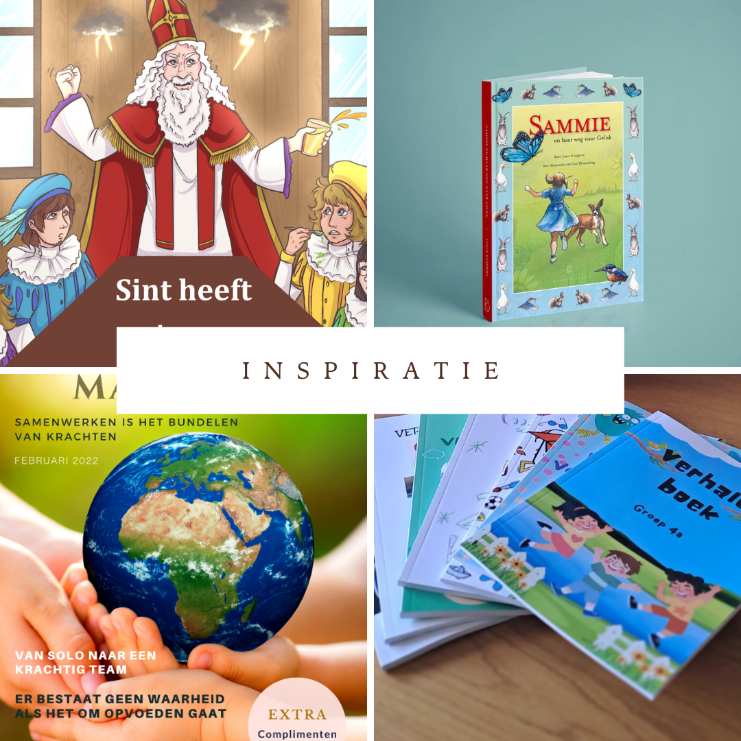 Vier boekomslagen. Eén met Sint en kinderen, één met de titel