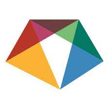 Kleurrijke geometrische vorm van elkaar kruisende driehoeken; wit midden.