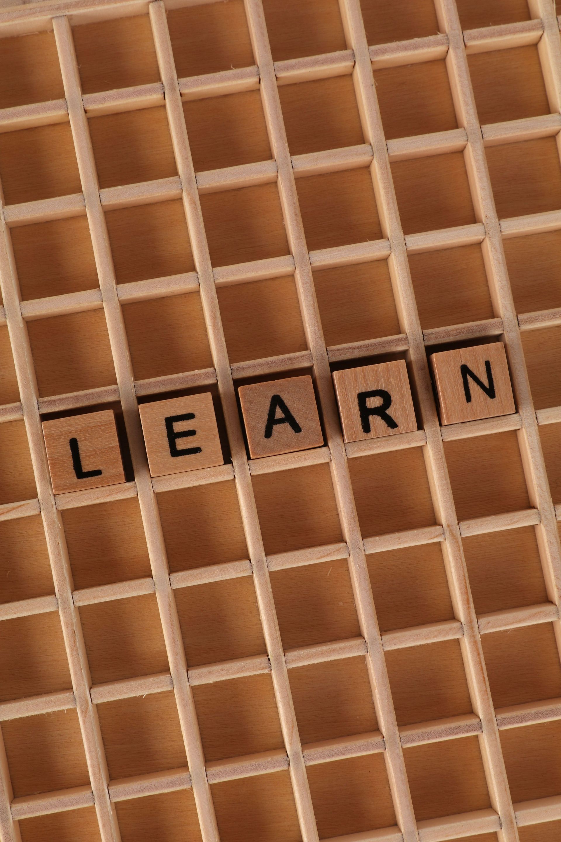 Houten letterblokjes met daarop ‘LEARN’, op een beige rasterachtergrond.